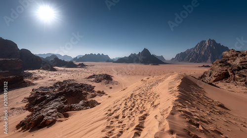 Vast Desert Landscape with Sand Dunes and Rocky Mountains Under a Bright Sun.