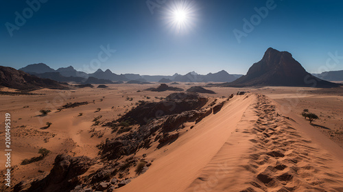 Vast desert landscape with towering rock formations under a bright sun.