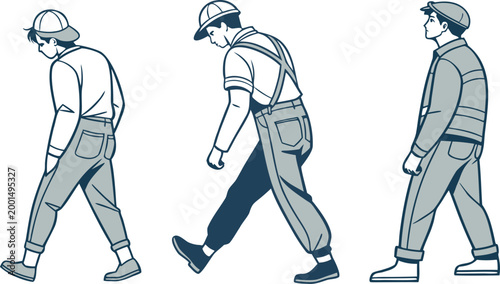 Three stylized workers walking in profile, wearing caps and overalls on a white background