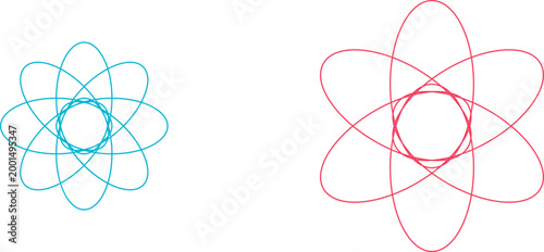 Blue and red guilloche spirograph geometric patterns with interlocking elliptical lines on white background illustration