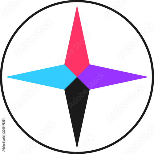 Minimalist geometric compass rose icon with colorful cardinal points red blue purple black circle illustration