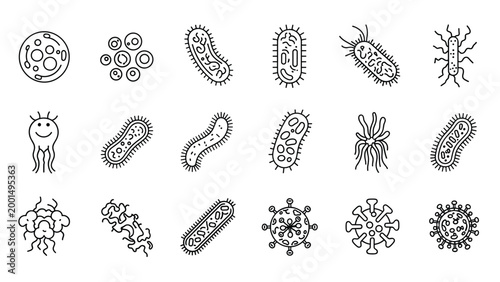 Scientific set of black and white line icons representing various types of bacteria, viruses, and microorganisms under a microscope.
