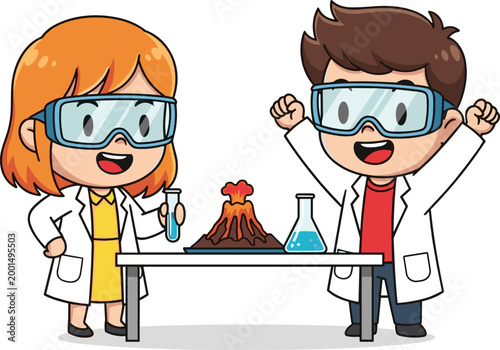 Vector Illustration of Two Happy Kids in Lab Coats Conducting a Science Experiment with a Volcano for Websites, Apps, and Educational Designs