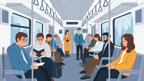 Diverse group of commuters sitting and standing on a city subway train while reading books and using their mobile phones during transit.