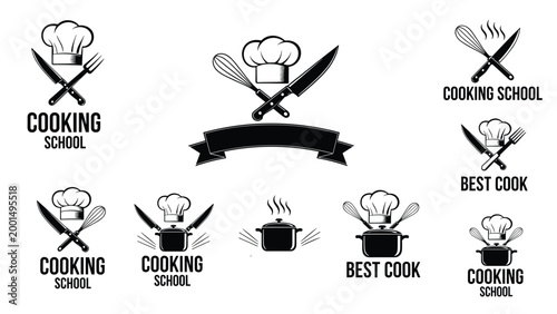 Collection of elegant black and white logos for a cooking school featuring chef hats, crossed knives, whisks, and steaming pots.