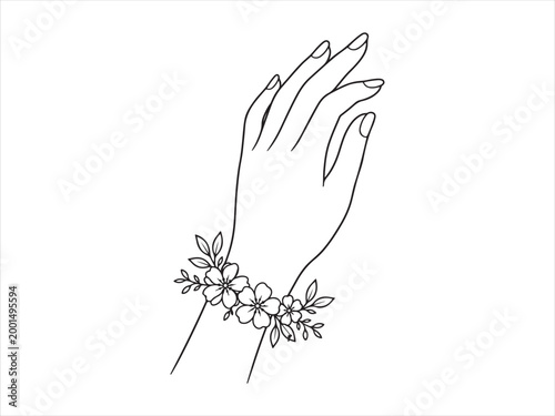 Female Hand With A Bracelet Of Flowers line art vector illustration, floral faith minimal outline design.