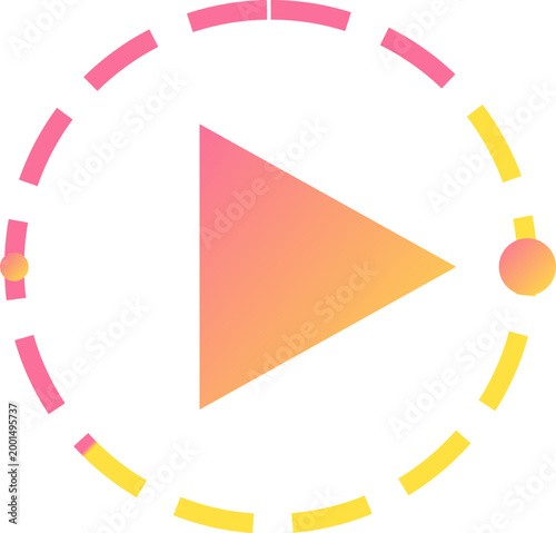 Vibrant pink orange gradient play button icon centered within a dashed circular orbital ring illustration