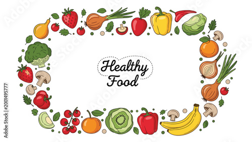 Circular border made of various fresh vegetables and fruits surrounding healthy food text in a stylish font on a plain white background.
