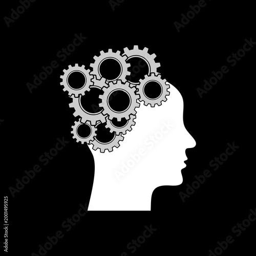 Thinking icon. Human head gears icon isolated on black background