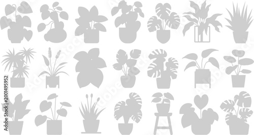 Comprehensive collection of light grey indoor houseplant silhouettes in pots featuring monstera palm fiddle leaf fig and various succulent plants