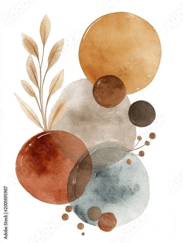 Minimal abstract watercolor circles and botanical shapes in earthy tones on white background, modern boho art with copy space for branding and design.