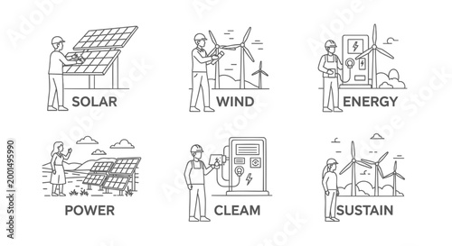 Eco friendly energy icons, sustainable power symbols, renewable resources set, environmental vector graphics