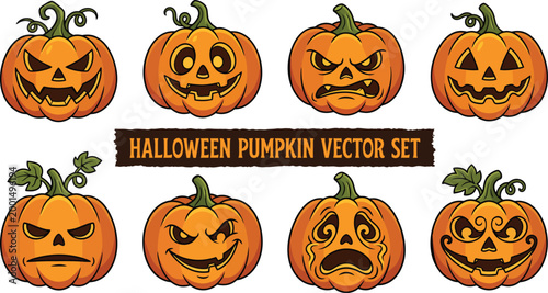 Halloween pumpkin vector set with various jackolantern faces on white background