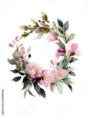 Watercolor floral wreath with pink flowers and green leaves on white background, elegant botanical frame with copy space for invitations and branding.