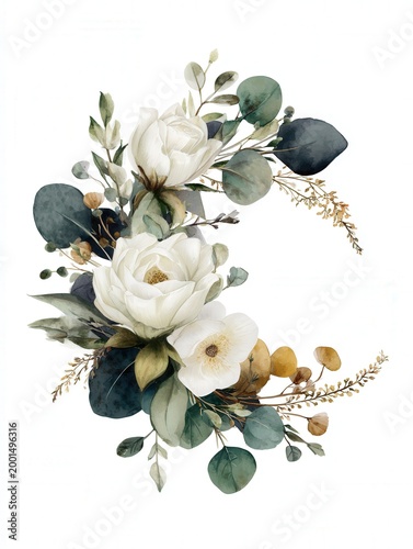 Watercolor floral arrangement with white flowers and eucalyptus leaves on white background, elegant botanical illustration with copy space for invitations and branding.