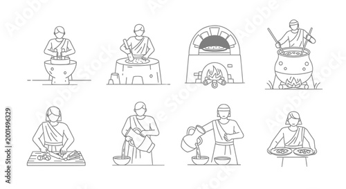 Black and white line art pottery icons, ceramic illustrations, pottery making, craft vector set