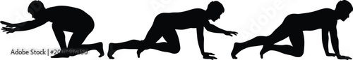 Silhouette of an Athlete Transitioning Through Crawling Stages, Depicting Strength and Movement Progression for Fitness and Sports Designs