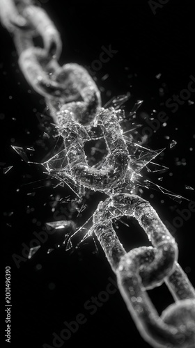 Close up of a metal chain link shattering into pieces on a dark background, symbolizing breaking free, weakness, and disruption for dramatic advertising concepts.