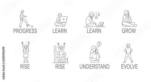 Motivation icons, business growth symbols, progress and success concepts, vector illustrations