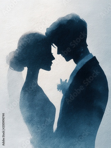 Romantic watercolor silhouette of bride and groom facing each other on light textured background with soft gradient and elegant copy space.