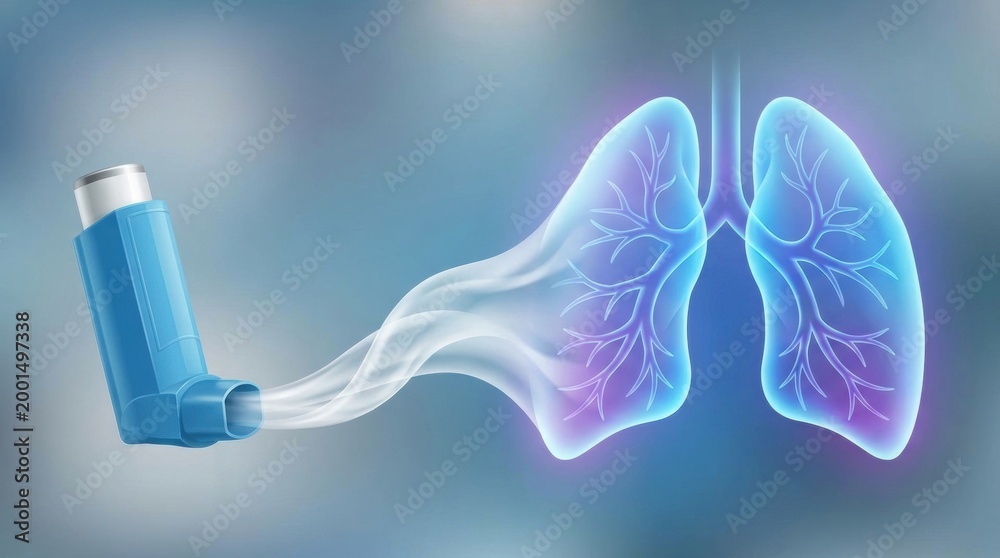 Fototapeta premium Asthma inhaler releasing medication into glowing lungs for respiratory relief