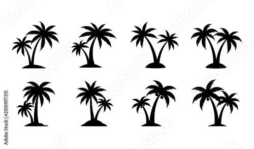 Palm Tree Icon Set with Tropical Island Silhouettes Coconut Trees Beach Nature Elements for Summer Vacation Travel Design and Exotic Landscape Graphics