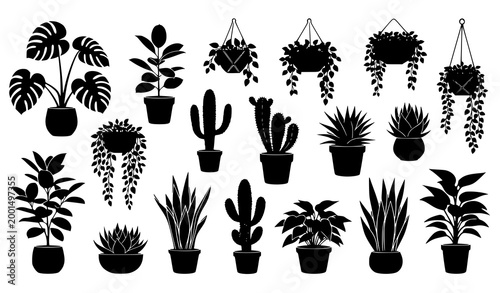 Indoor Plant and Hanging Planter Icon Set with Cactus Succulents Tropical Leaves and Potted Houseplants for Home Decor Gardening and Botanical Design