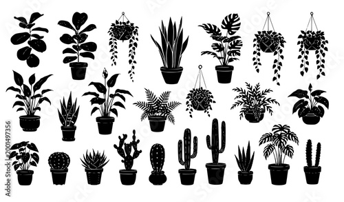Large Indoor Plant Icon Collection with Hanging Planters Cactus Succulents Tropical Foliage and Potted Houseplants for Home Decor Gardening and Botanical Design
