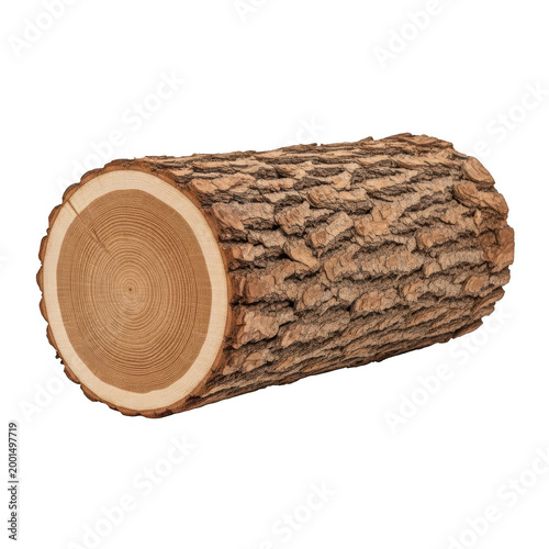 Single rough brown wooden log piece with textured bark and cut end isolated on transparent background