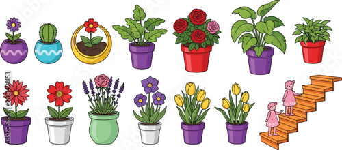 Set of 14 Vector Illustrations of Potted Plants with Various Flowers and Colorful Pots for Websites, Apps, and Gardening Digital Media Designs