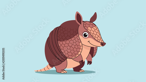 Cute cartoon armadillo standing on a light blue background illustrated in a simple and friendly mascot style.