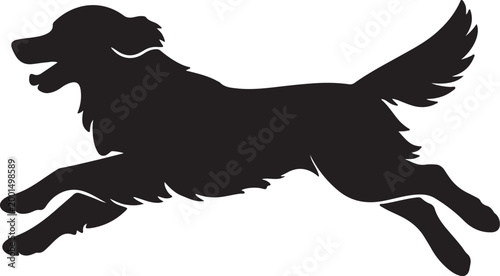 Running golden retriever dog silhouette, active pet jumping, isolated vector illustration.