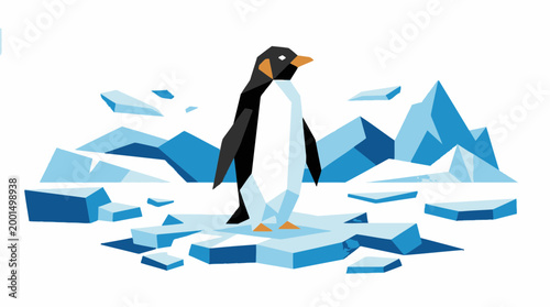 Geometric Penguin on Ice Floe with Arctic Landscape Background