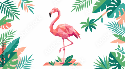 Geometric Pink Flamingo Standing Tall Amidst Lush Tropical Foliage