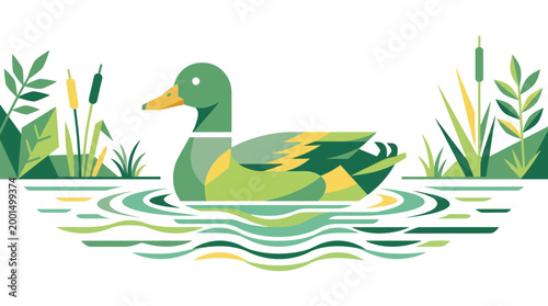 Geometric Mallard Duck Swimming in Rippling Water with Reeds and Leaves, Nature Illustration