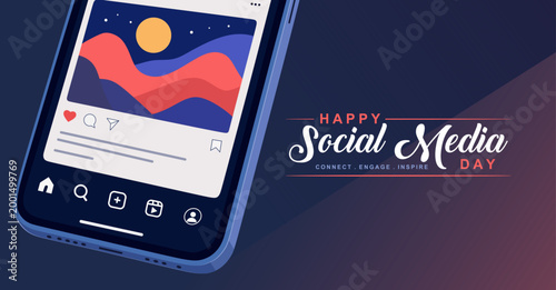 Social Media Day Banner with Mobile App Interface and Online Engagement Elements