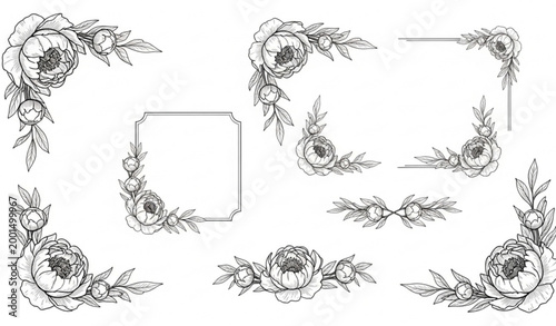 Vintage peony floral engraving frames and borders with hand drawn botanical line art for stationery