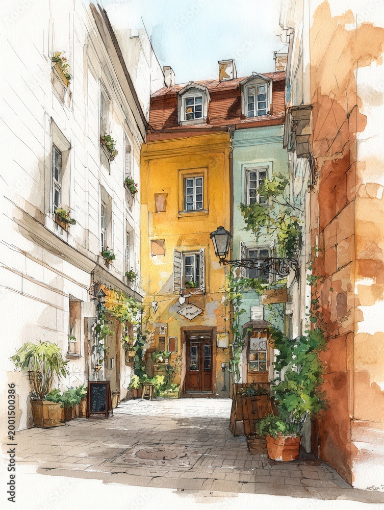 Obraz premium Watercolor illustration of a charming European alley with colorful buildings, plants, and cafe entrance, vertical street scene with copy space.