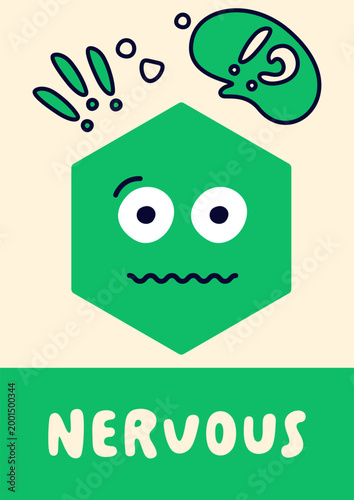 Poster with green hexagon geometric figure face and emotion nervous.