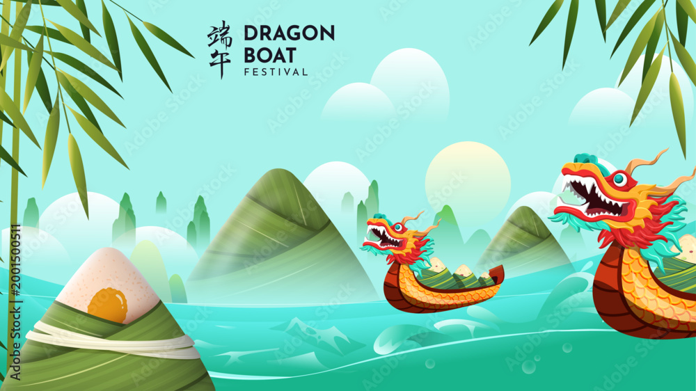 Naklejka premium Dragon boat festival with zongzi, colorful dragon boat, ocean waves, bamboo leaves and mountain background