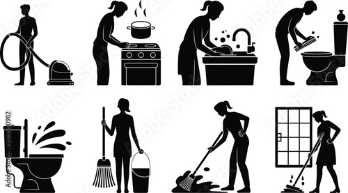 House cleaning woman icons housekeeping chores vacuum washing mopping sanitation vector collection illustration set domestic service