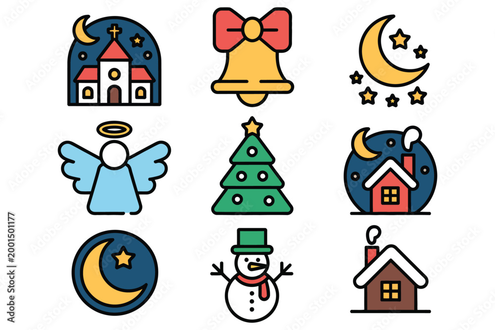 Fototapeta premium Holiday Celebration Flat Icon Set Church Bell Moon Angel Tree Snowman