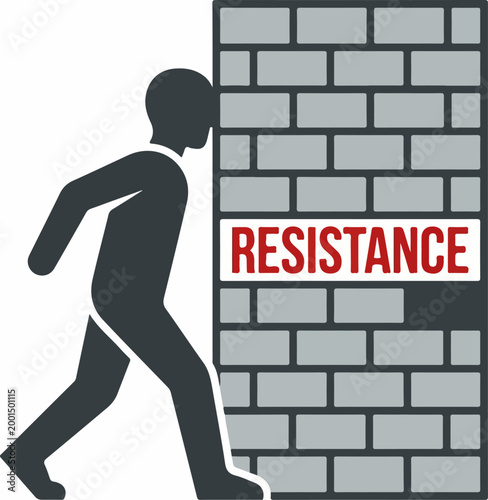 Conceptual illustration of a person hitting a brick wall labeled with resistance.