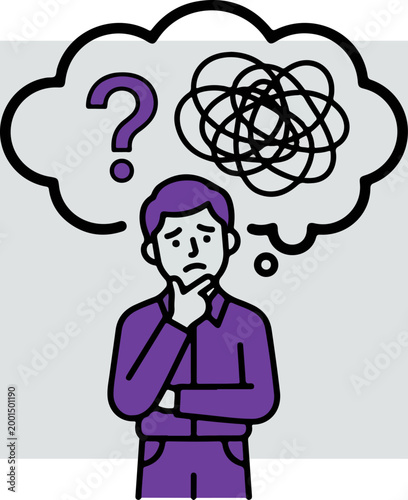 Confused man thinking with a question mark and tangled lines in a thought bubble.