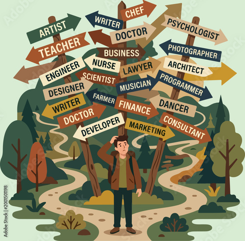 Confused student standing at crossroads with many career path signs.