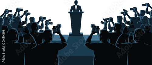 Politician speech podium press conference media photographers cameras journalism announcement vector illustration leadership public event concept