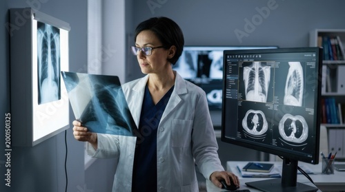 Doctor examining chest x-ray scans on light box and computer screen