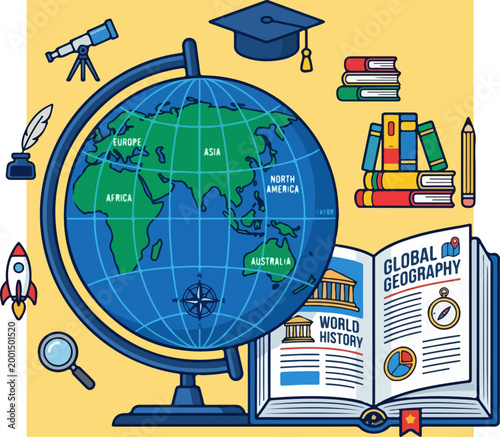 Educational world geography globe and history textbook illustration.
