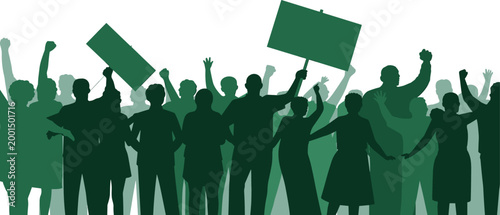 Silhouette of a diverse crowd of people protesting and demonstrating with placards and raised fists in shades of green