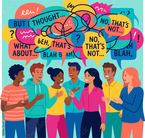 Group of diverse people having a heated discussion with speech bubbles.